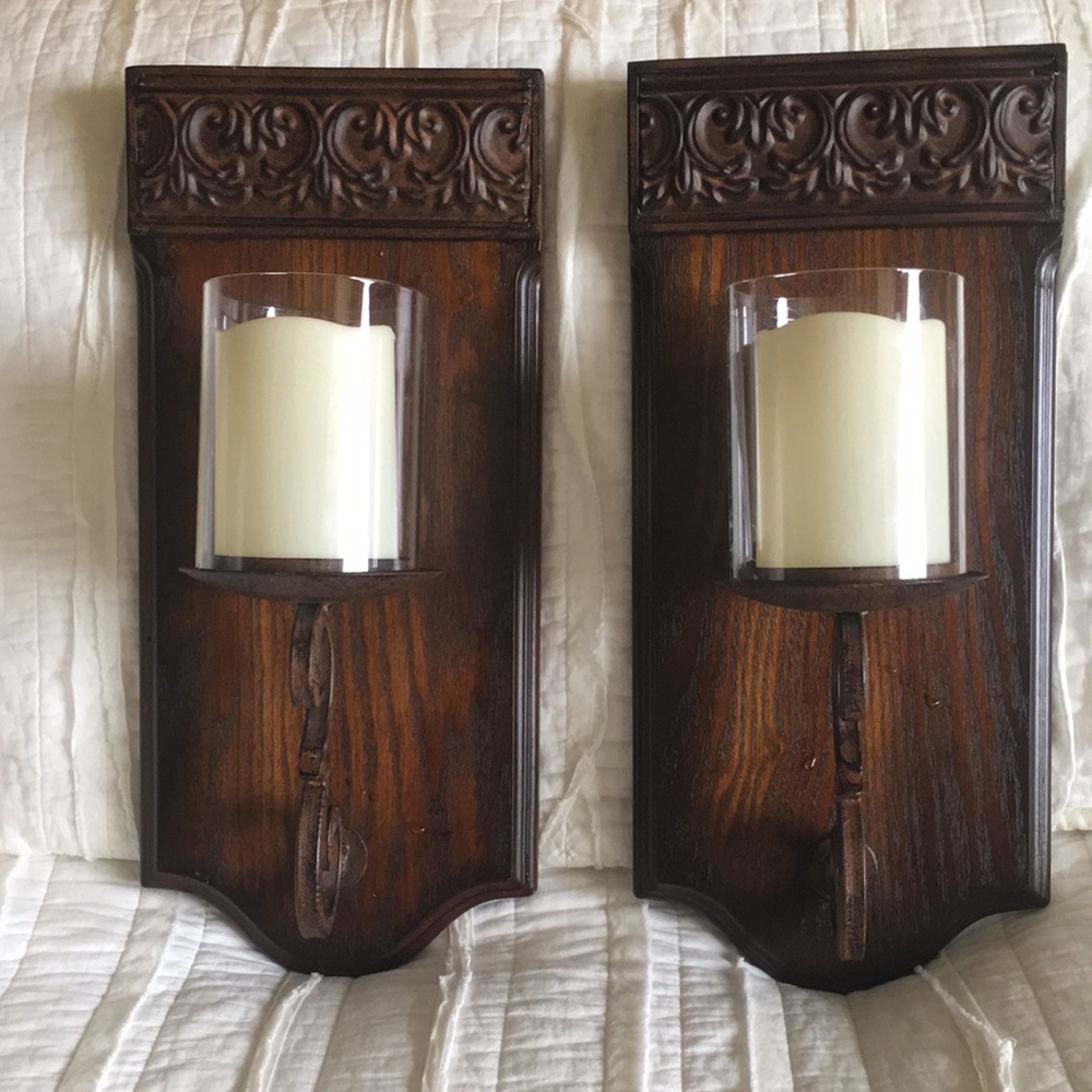 Wood/metal/glass wall sconces (pair)